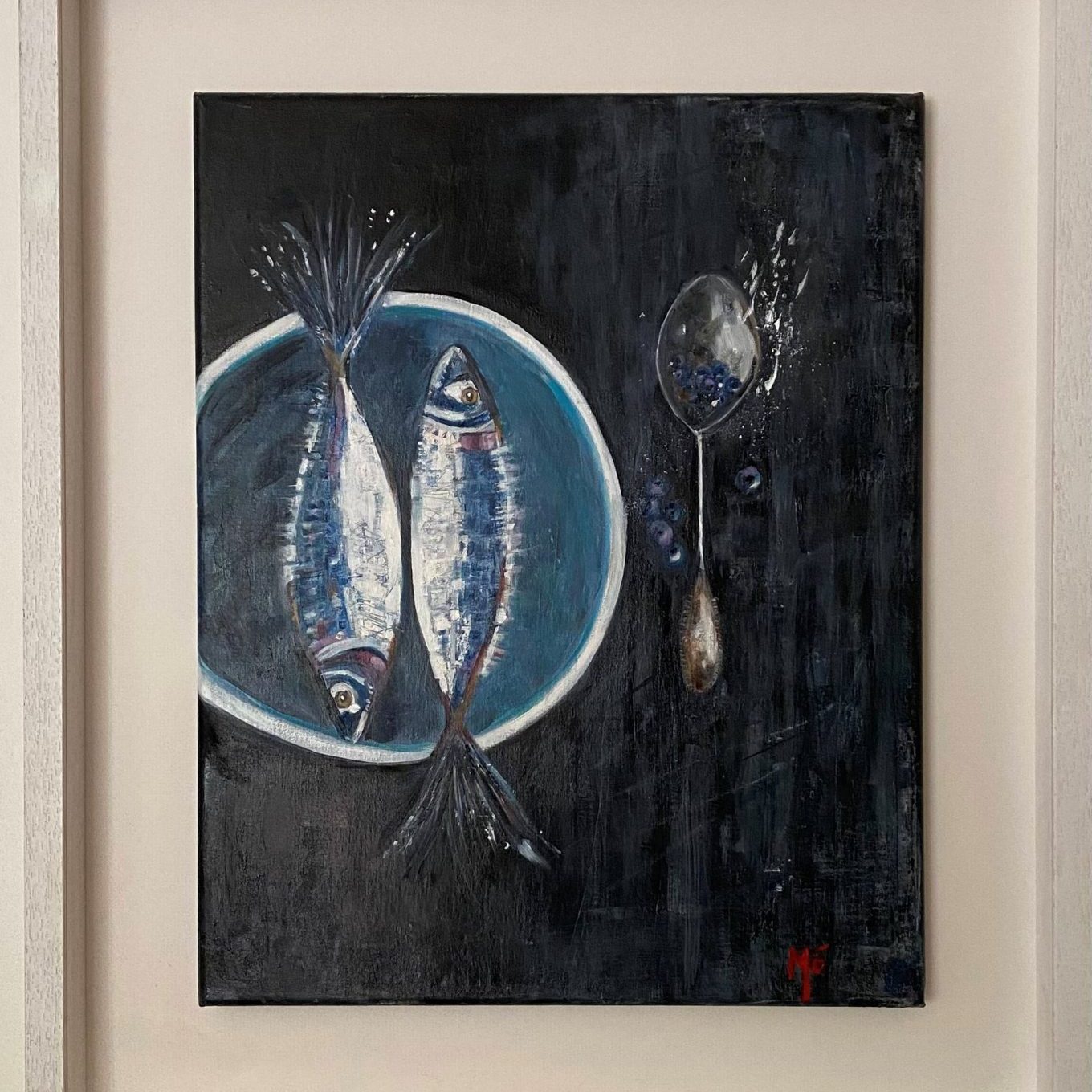 Beautiful framed abstract art piece of colourful fish