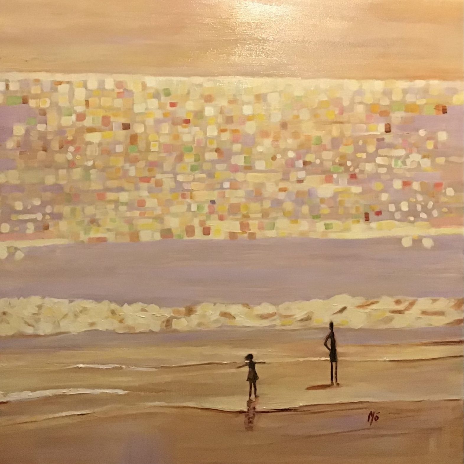 The sea at sunset over the beach, everything is washed with a golden hue, and warmth, in the light and dark in the shadows